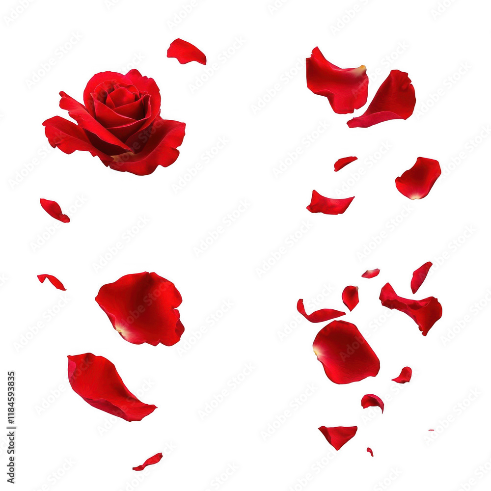 Fototapeta premium Red rose blossom with scattered petals on a clean white background. Romantic floral motion and delicate texture. Love and celebration mood. Ideal for wedding invitations and Valentine marketing