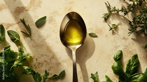 Olive Oil Spoon Surrounded by Fresh Herbs in Morning Light