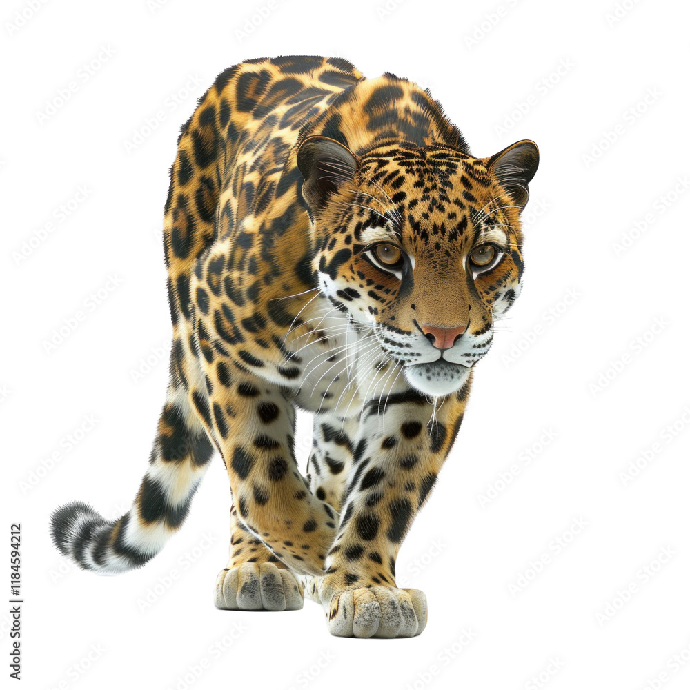 Fototapeta premium Majestic Leopard Walking Gracefully on a Clean transparent background with Detailed Spots and Expressive Eyes