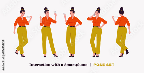 Modern businesswoman smartphone use pose set. Business lady high waisted pants, loose office work long trousers with belt, attractive classy blouse female model. Vector flat style cartoon illustration