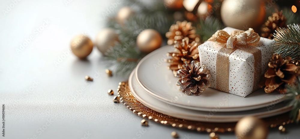 Elegant Christmas table setting with gift, plates, pine cones, and gold ornaments. Elegant Christmas table setting with gift, plates, pine cones, and gold ornaments.