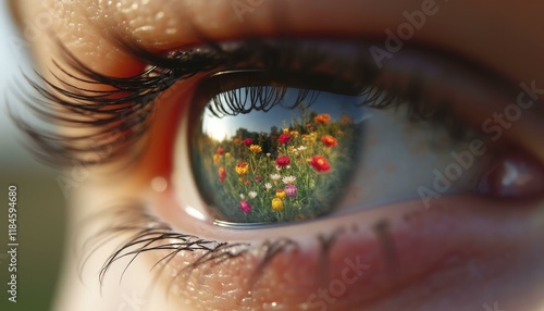 Fototapeta Naklejka Na Ścianę i Meble -  Close up of human eye reflecting vibrant garden full of colorful flowers