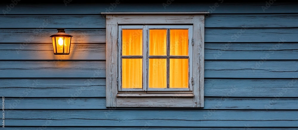Illuminated window and wall lamp on a blue siding house at night. Illuminated window and wall lamp on a blue siding house at night.