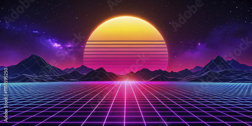 vibrant retro 1980s neon grid landscape with glowing sunset