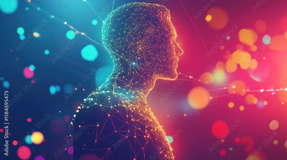 Man illuminated by intersecting lines and vibrant colors symbolizes modern artistic innovation and creativity in a futuristic landscape Man illuminated by intersecting lines and vibrant colors symbolizes modern artistic innovation and creativity in a futuristic landscape