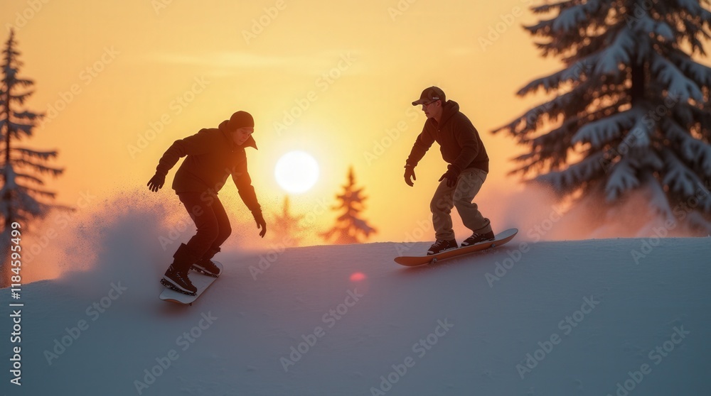 SPEED RAMP Two snowboarders riding towards the setting sun SPEED RAMP Two snowboarders riding towards the setting sun