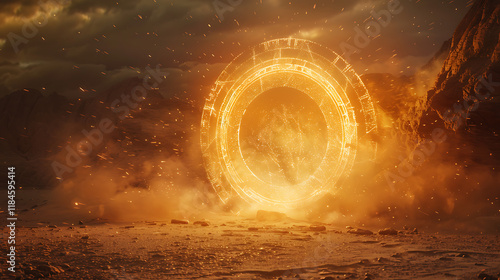 A mystic portal opening in a desert, with glowing, ancient runes spiraling around it and sand flying in the air photo