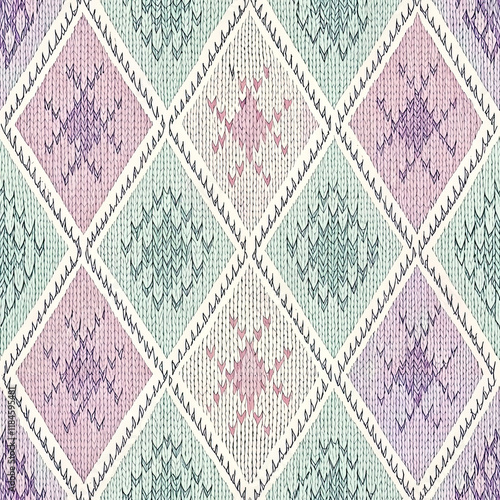 seamless knitted pattern featuring soft pastel colors and intricate designs. This charming textile evokes cozy and inviting atmosphere
