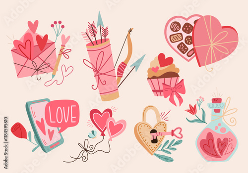 Wallpaper Mural Cute vector set of Valentine's Day stickers for decoration and design. Valentine's Day, love, Pink cartoon illustrations in retro and vintage style. Love gifts, sweets, heart, key and lock, love note, Torontodigital.ca