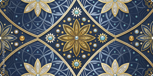 Intricate floral pattern with gold and blue accents, perfect for elegant designs
