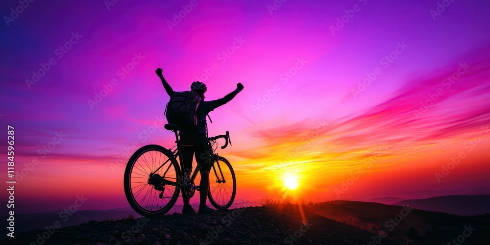 Obraz premium Silhouette of a male cyclist celebrating against a vibrant sunset backdrop.