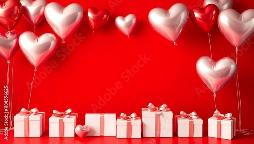A solid crimson red background with heart-shaped balloons and elegantly wrapped white gift boxes for a romantic theme. Ideal for birthdays, anniversaries, celebration, achievements etc