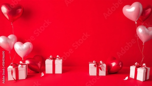 A solid crimson red background with heart-shaped balloons and elegantly wrapped white gift boxes for a romantic theme. Ideal for birthdays, anniversaries, celebration, achievements etc