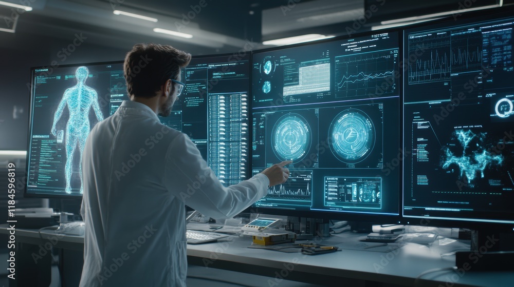 Futuristic laboratory setting with healthcare researcher analyzing data on multiple screens while wearing a white coat and glasses Futuristic laboratory setting with healthcare researcher analyzing data on multiple screens while wearing a white coat and glasses