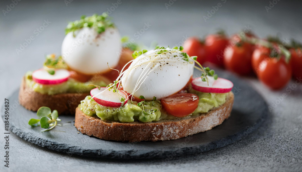Avocado toast with poached eggs, fresh cherry tomato, radish and microgreen. Tasty and healthy food Avocado toast with poached eggs, fresh cherry tomato, radish and microgreen. Tasty and healthy food