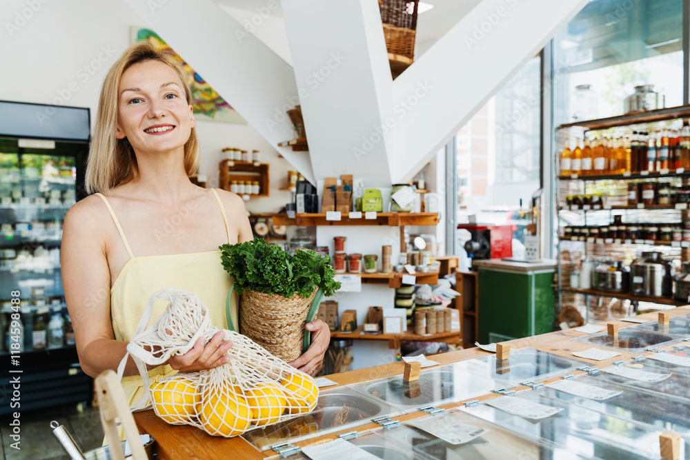 Φωτογραφία Smiling woman buying organic food and eco products in sustainable plastic free store