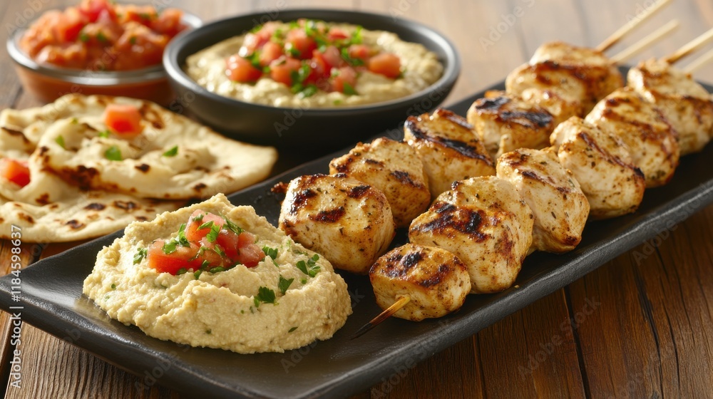 Chicken Kebabs and Hummus on Middle Eastern Table Chicken Kebabs and Hummus on Middle Eastern Table