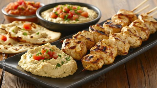 Chicken Kebabs and Hummus on Middle Eastern Table
