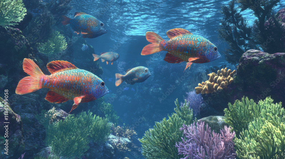 Fototapeta premium Underwater scene of parrotfish grazing on coral, showcasing vibrant colors and marine life.