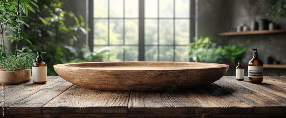 Empty wooden bowl on rustic table with plants and bottles, near window. Empty wooden bowl on rustic table with plants and bottles, near window.