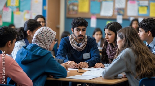 A diverse group of students engaged in a discussion around a table in a classroom setting.
