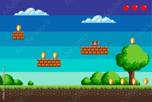 Pixel game, a picture that represents the location in the game, coins and health, trees and bushes, sky and clouds. Vector illustration EPS 10