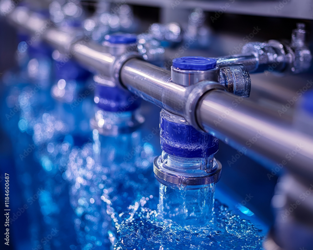 Close up of water filtration unit with flowing blue water in factory Close up of water filtration unit with flowing blue water in factory