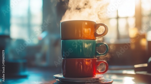 Colorful Coffee Mugs with Rising Steam in Soft Light