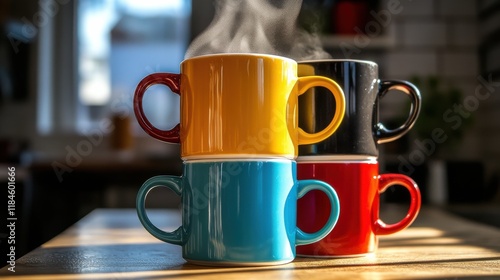 Colorful Coffee Mugs with Steam Rising