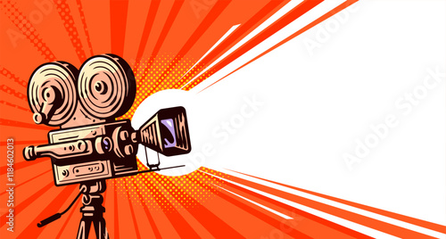 Retro video movie camera shows. Entertainment television show, film festival. Vector illustration banner