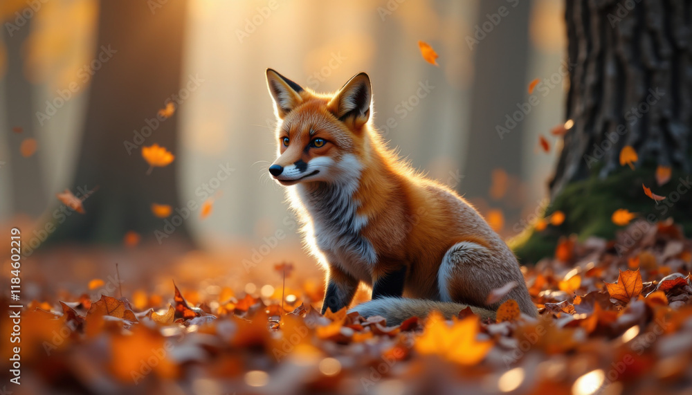 Fototapeta premium Elegant red fox sitting in a forest covered with autumn leaves, soft golden light, serene wildlife moment, copy space 