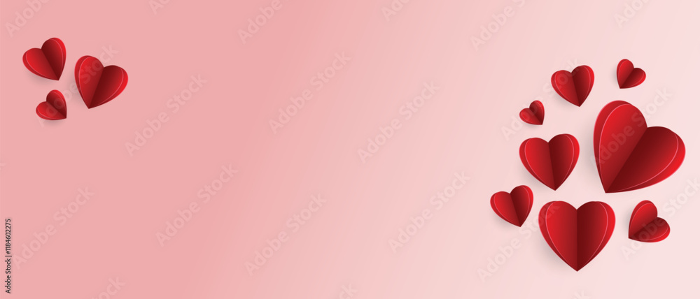 Paper elements in the shape of hearts flying on pink background. Vector symbols of love for Happy Women's, Mother's, Valentine's Day, birthday greeting card design