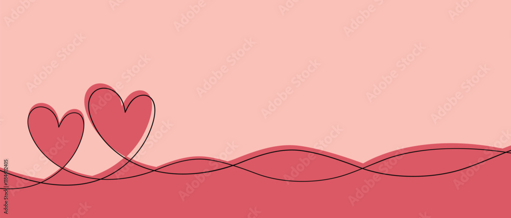 Continuous line drawing of heart and words. Vector illustration. One single line drawing of love concept cute heart shaped for greeting card. Romantic symbol for wedding invitation, Valentine's Day.