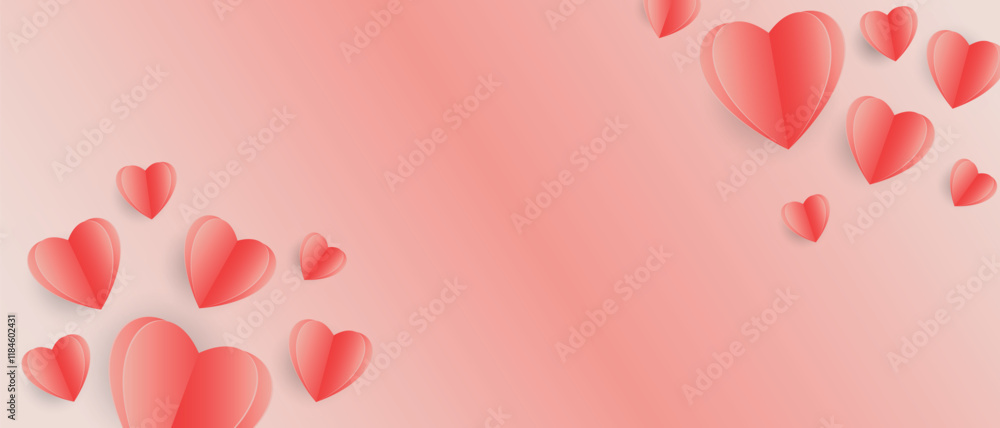 Paper elements in the shape of hearts flying on pink background. Vector symbols of love for Happy Women's, Mother's, Valentine's Day, birthday greeting card design