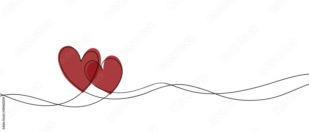 Continuous line drawing of heart and words. Vector illustration. One single line drawing of love concept cute heart shaped for greeting card. Romantic symbol for wedding invitation, Valentine's Day.