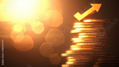 Golden Coins with Growth Arrow and Bright Light