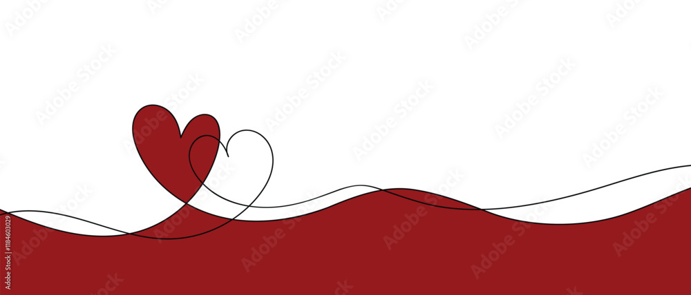 Continuous line drawing of heart and words. Vector illustration. One single line drawing of love concept cute heart shaped for greeting card. Romantic symbol for wedding invitation, Valentine's Day.