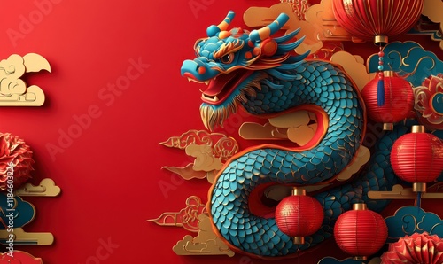Wallpaper Mural Blue Dragon, Red Background, Lanterns, Clouds, Festive, Asian, New Year, Celebration, Design, 3D Torontodigital.ca