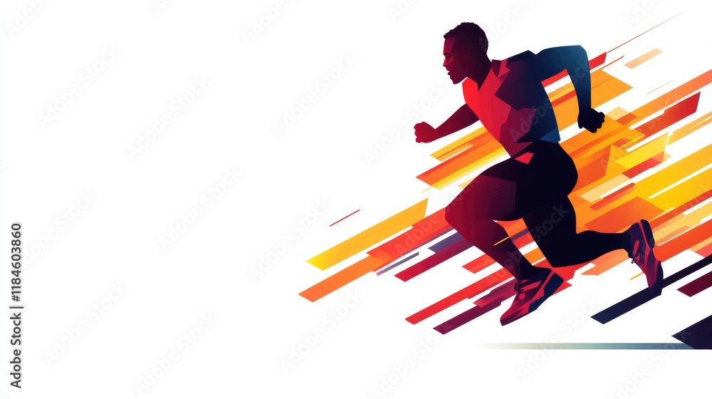 Obraz premium Dynamic silhouette of a male runner in motion against an abstract background of vibrant orange and red streaks.