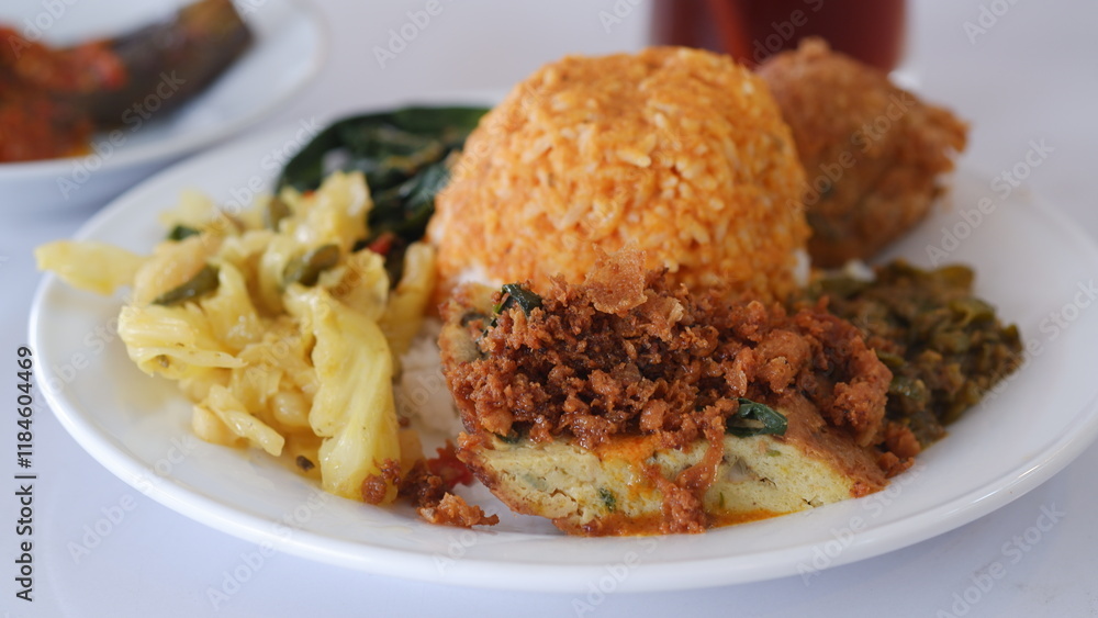 Nasi Padang with omelet, potato cakes, sambal and vegetables drizzled with curry sauce. Nasi Padang with omelet, potato cakes, sambal and vegetables drizzled with curry sauce.