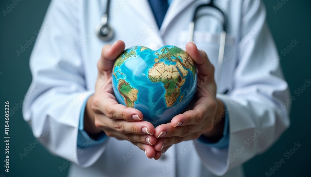 Doctor holding a heart-shaped Earth globe on a dark teal background, symbolizing global healthcare, compassion, and environmental care Doctor holding a heart-shaped Earth globe on a dark teal background, symbolizing global healthcare, compassion, and environmental care