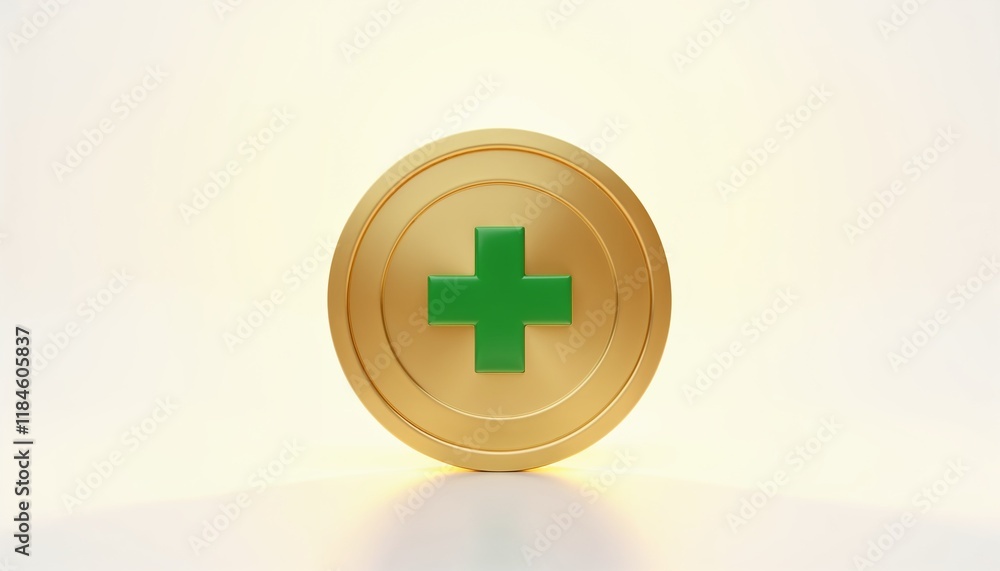Obraz premium Golden circular badge with green cross on light background, symbolizing healthcare, pharmacy, and sustainability