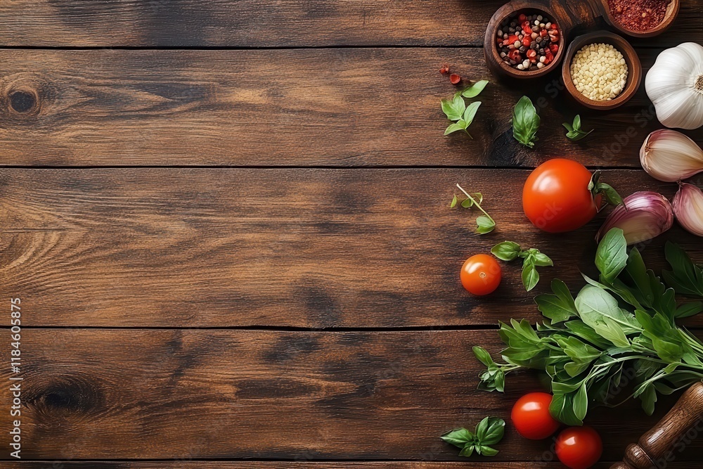 Fresh Ingredients on Wooden Background Setup Fresh Ingredients on Wooden Background Setup