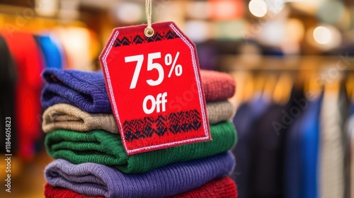 Neatly Folded Clothes with Sale Tag in Store
