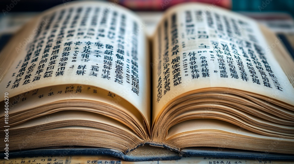 Fototapeta premium Open antique book with aged pages and Chinese characters.