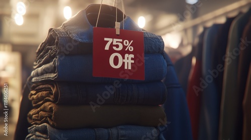 Neatly Folded Clothes With Sale Tag in Store
