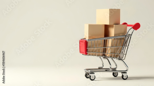 Grocery Shopping Cart with a Pile of Boxes: Sale, Delivery Services, Packaging, Product Service