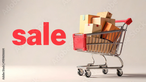 Sale, Grocery Shopping Cart with a Pile of Boxes, Delivery Services, Packaging, Product Service