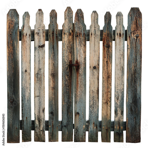 An old wooden fence with a weathered and worn appearance. photo