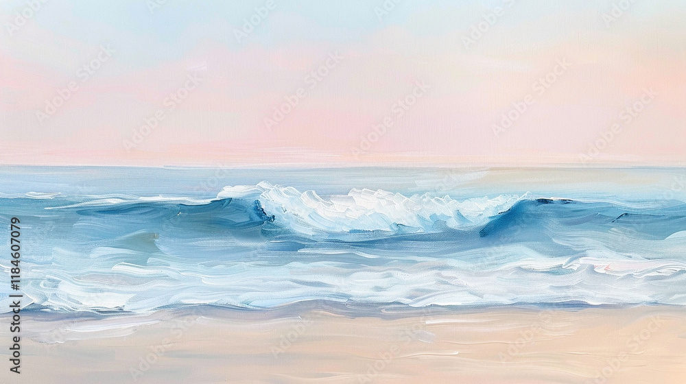 Fototapeta premium A tranquil beach scene with soft waves rolling onto the shore, blending seamlessly into a pale pink and blue sky at sunrise